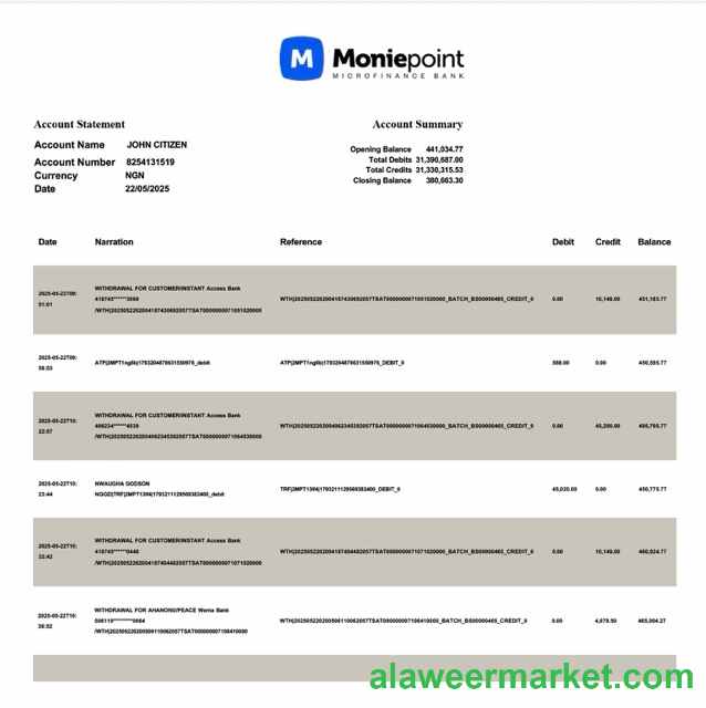 Nigeria Moniepoint Microfinance Bank account statement Word and PDF template
